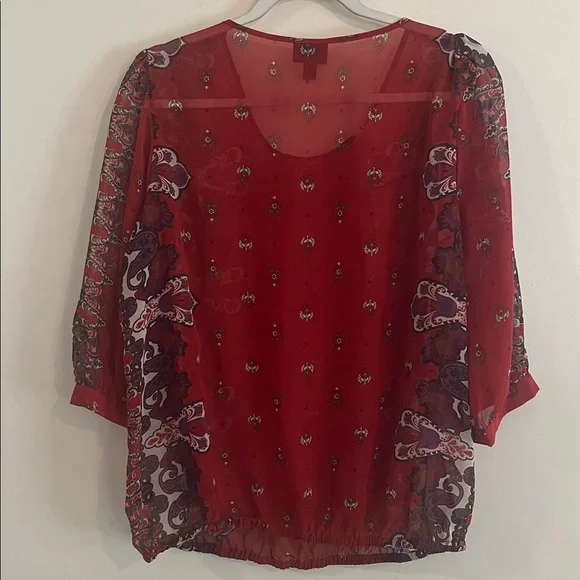 Mossimo Sheer Paisley Top‎ Chiffon Bohemian Autumn Artsy Flowy XL Peasant Rust - Picture 5 of 5
